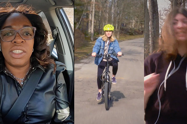tri screen with 3 people singing, one in a car, one on a bicycle, one walking on the road