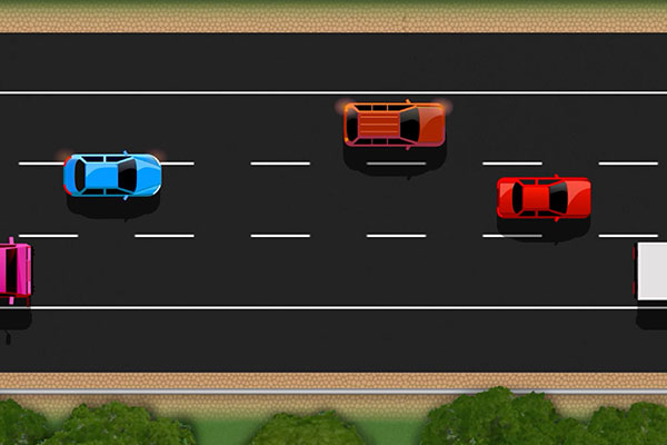 animated cars passing on a 3 lane highway