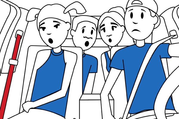 illustration of 4 teens in a car and a girl who forgot her seatbelt